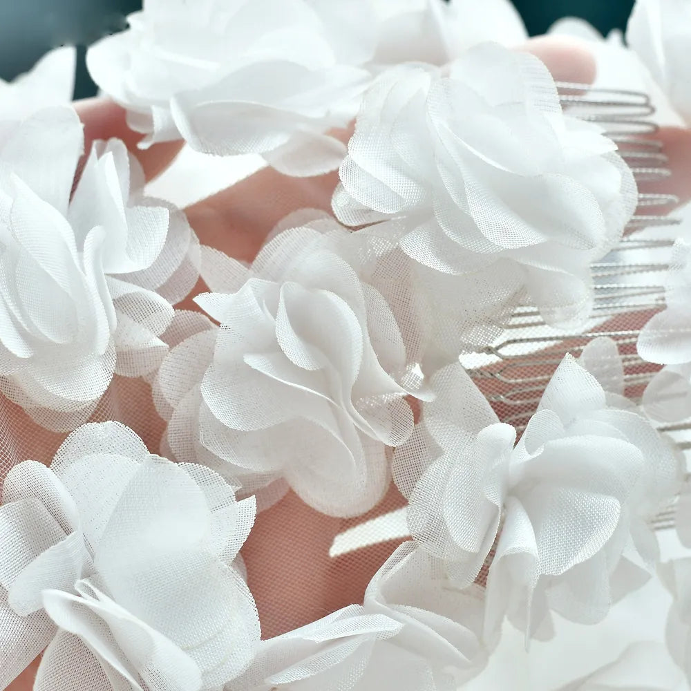 Close-up showing floating 3D fabric flowers and faux pearls scattered on sheer tulle mesh