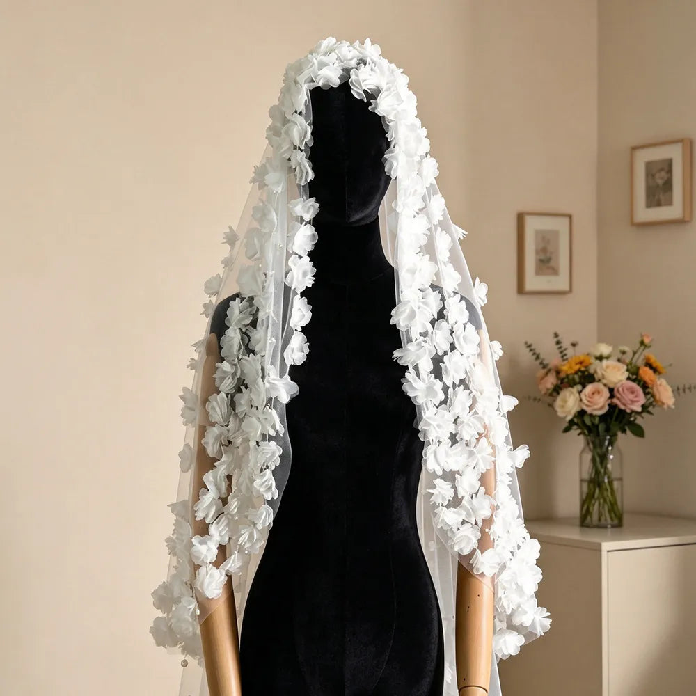 Back view showing smooth sheer tulle body with dense 3D flower borders and scattered petal details