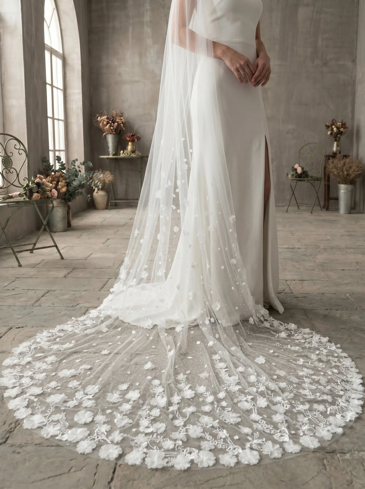 close up of embroidered floral details on wedding veil