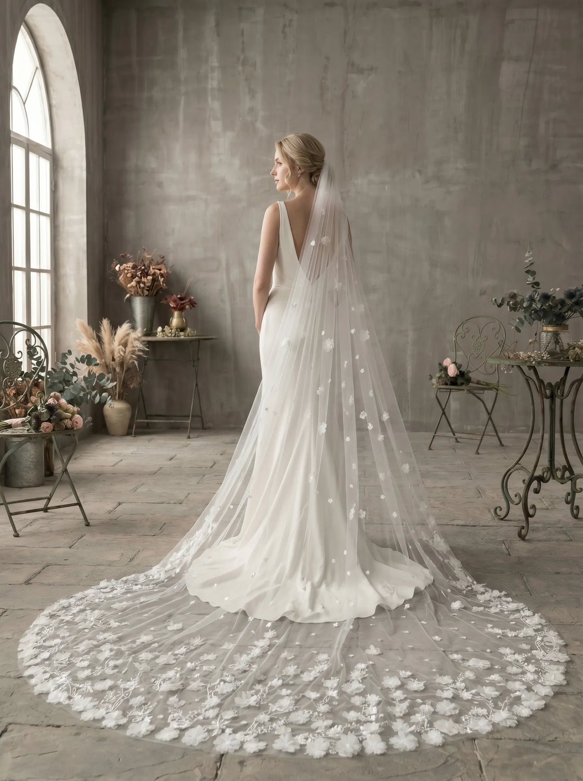 White sheer tulle bridal veil with scattered 3D floral appliques, simple long ponytail wedding veil for brides