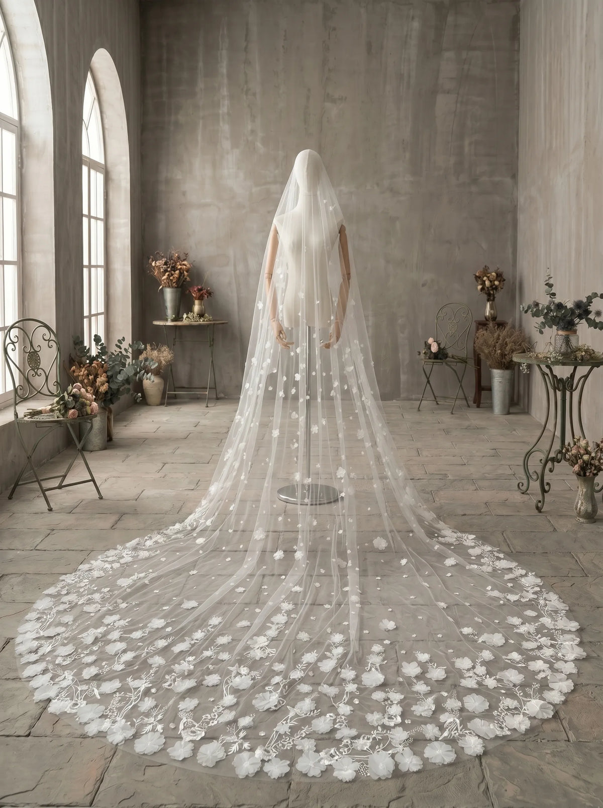 White sheer tulle bridal veil with scattered 3D floral appliques, simple long ponytail wedding veil for brides