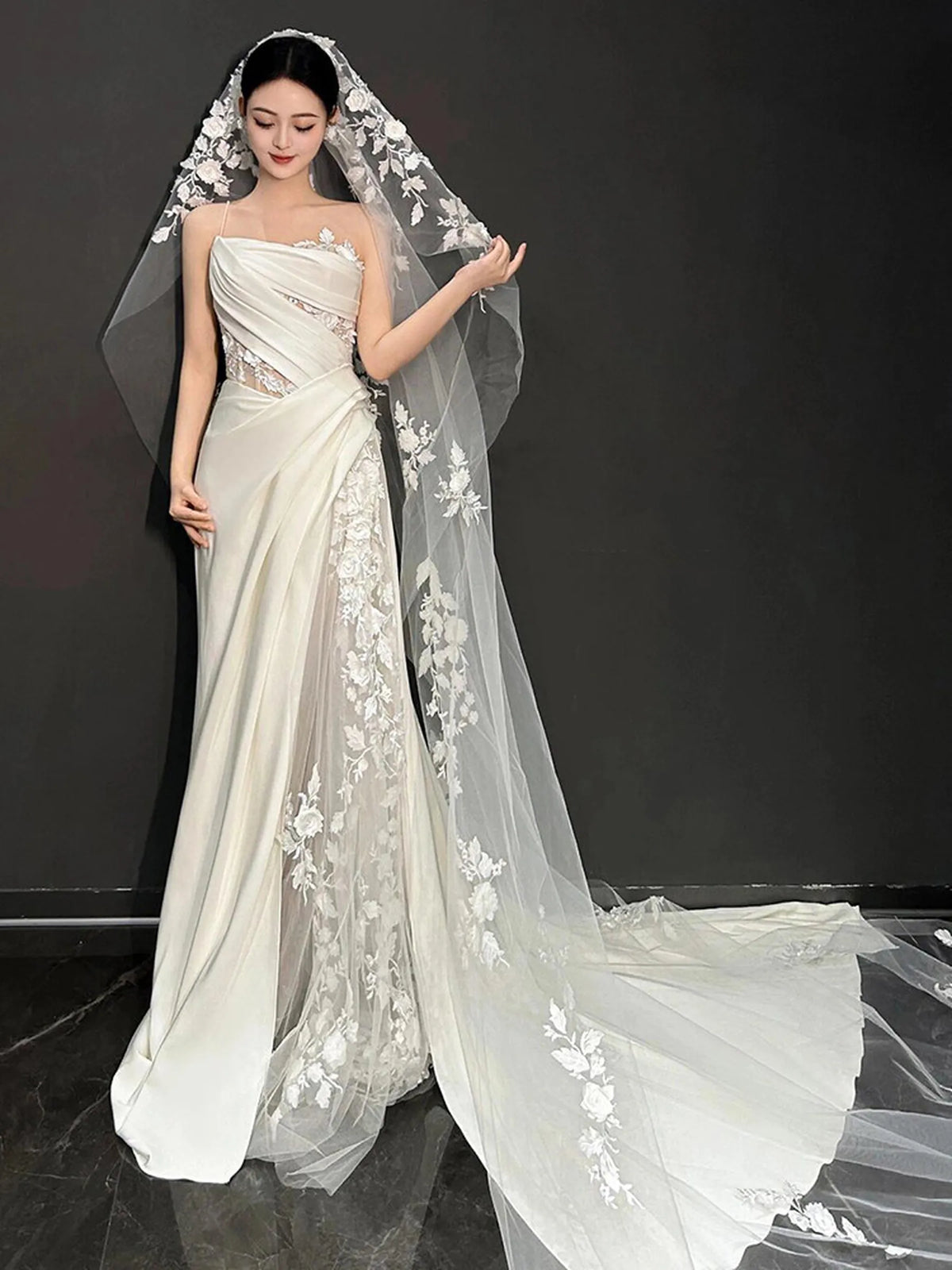 3m cathedral wedding veil with 3D floral lace appliques