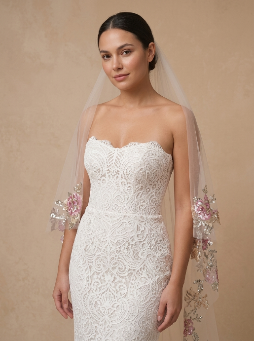 Enchanted Pink Floral Embroidered Cathedral Veil (3x3m) LUNA-X432