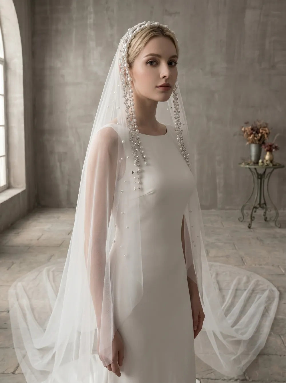 Single-tier semi-sheer milk white veil draping over high-neck lace bridal gown