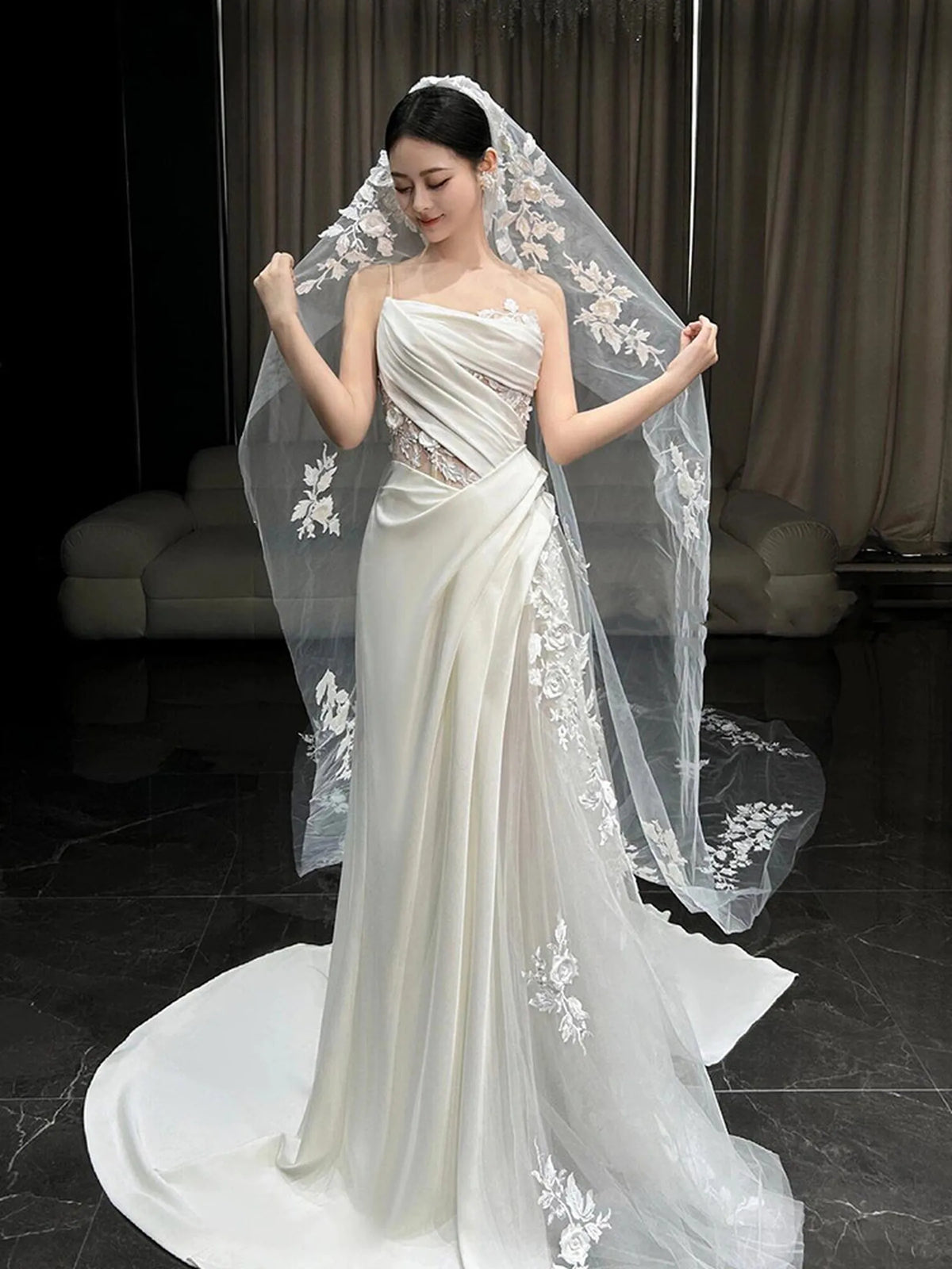 3x3m grand cathedral length single tier bridal veil with cutout 3d floral lace embroidered edge