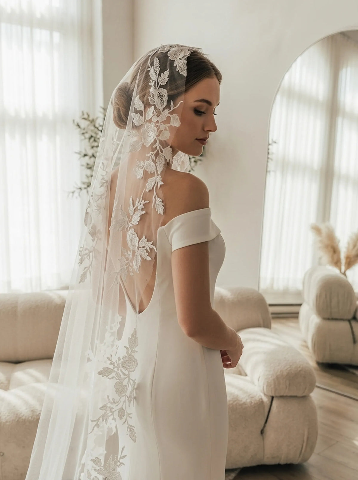 3x3m grand cathedral length single tier bridal veil with cutout 3d floral lace embroidered edge
