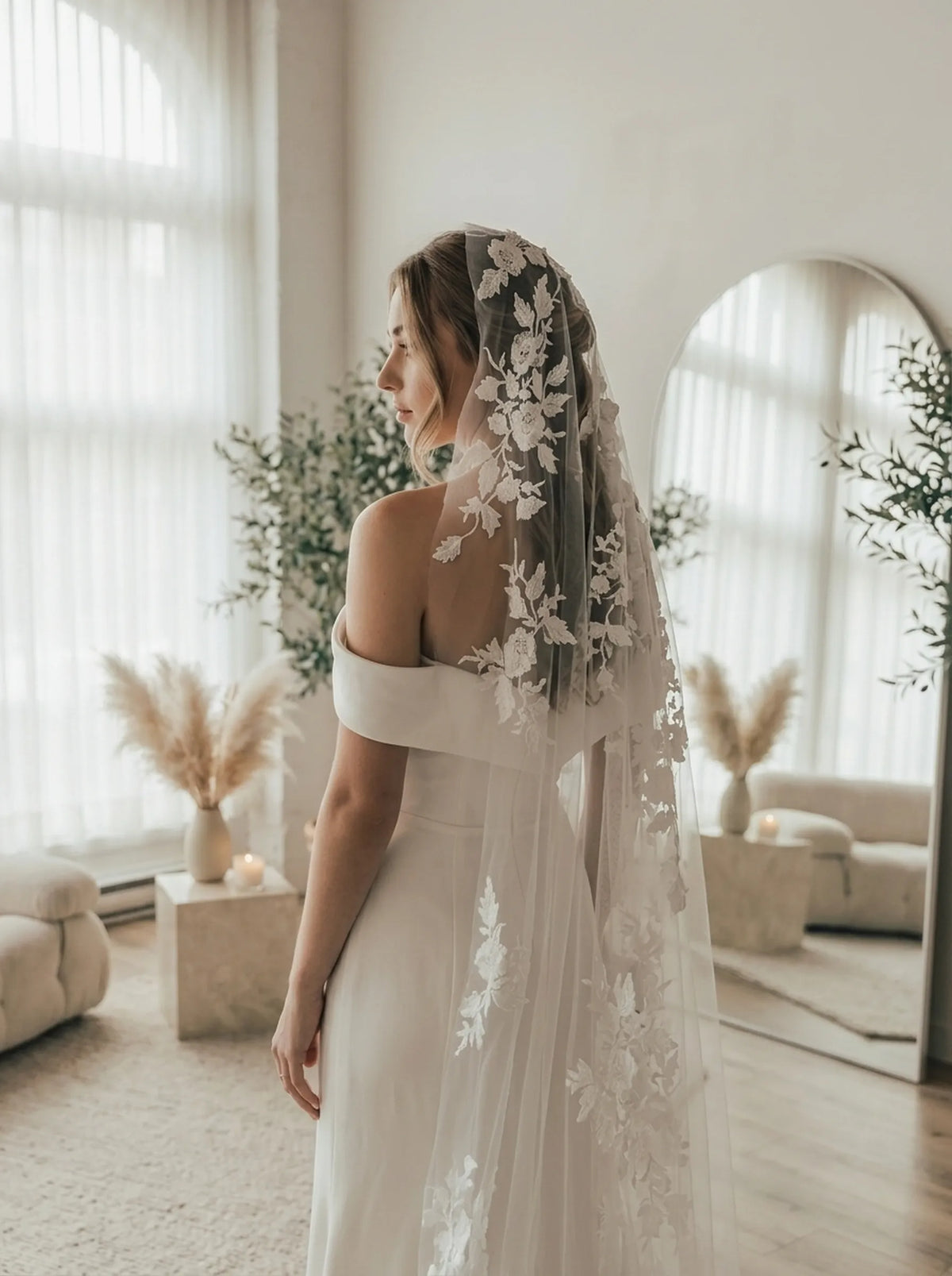 3x3m grand cathedral length single tier bridal veil with cutout 3d floral lace embroidered edge