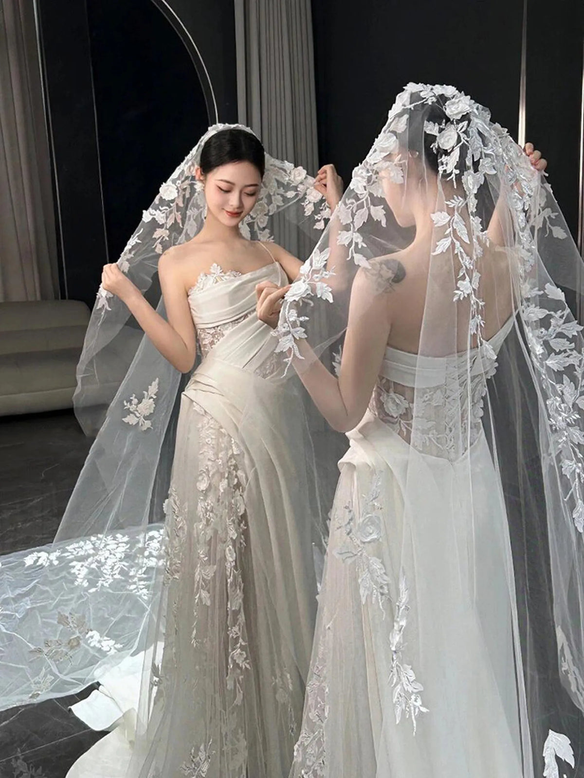 3x3m grand cathedral length single tier bridal veil with cutout 3d floral lace embroidered edge