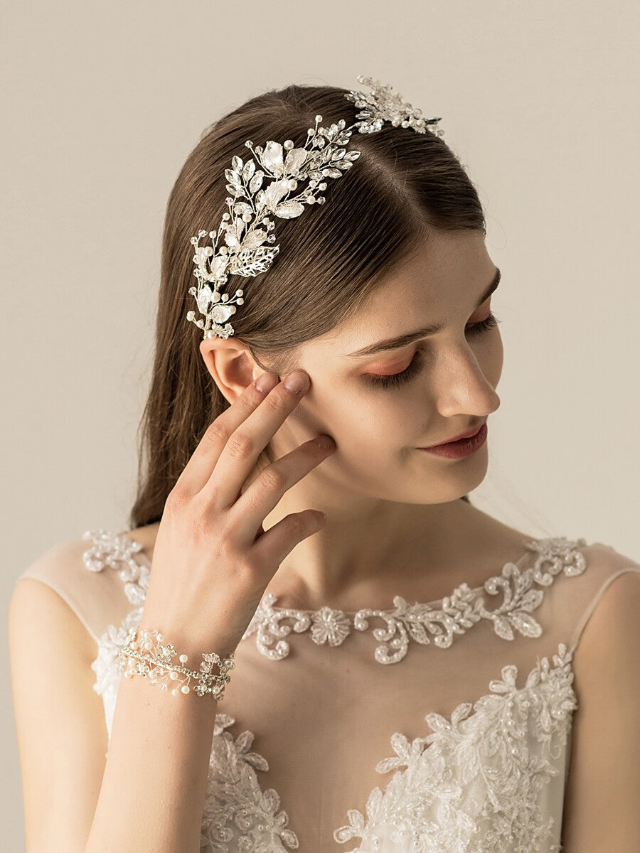 Silver Crystal Pearl Floral Vine Bridal Headband for Wedding and Banquet LUNA-X194