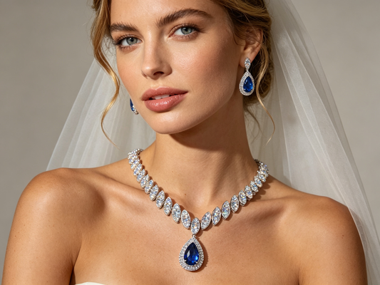 Luxury Teardrop Cubic Zirconia Jewelry Set - Elegant Crystal Statement Necklace and Dangle Earrings - White Gold Plated Bridal Banquet Set in 4 Royal Colors LUNA-X124