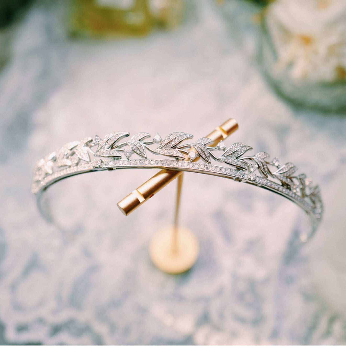 Luxury Cubic Zirconia Laurel Leaf Bridal Tiara - Elegant White Gold Plated Wedding Headband - Premium CZ Crystal Marquee Hair Band for Brides  LUNA-X111
