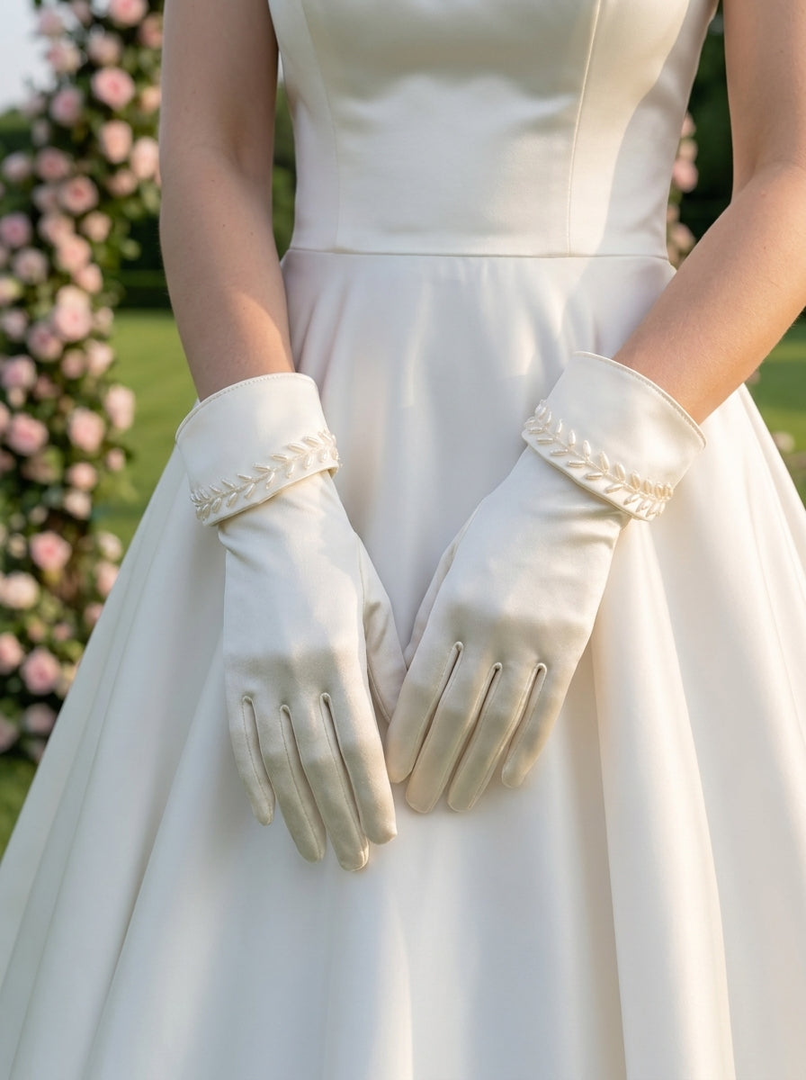 Champagne Satin Wheat-Spike Beaded Bridal Short Gloves for Wedding and Banquet  LUNA-X191