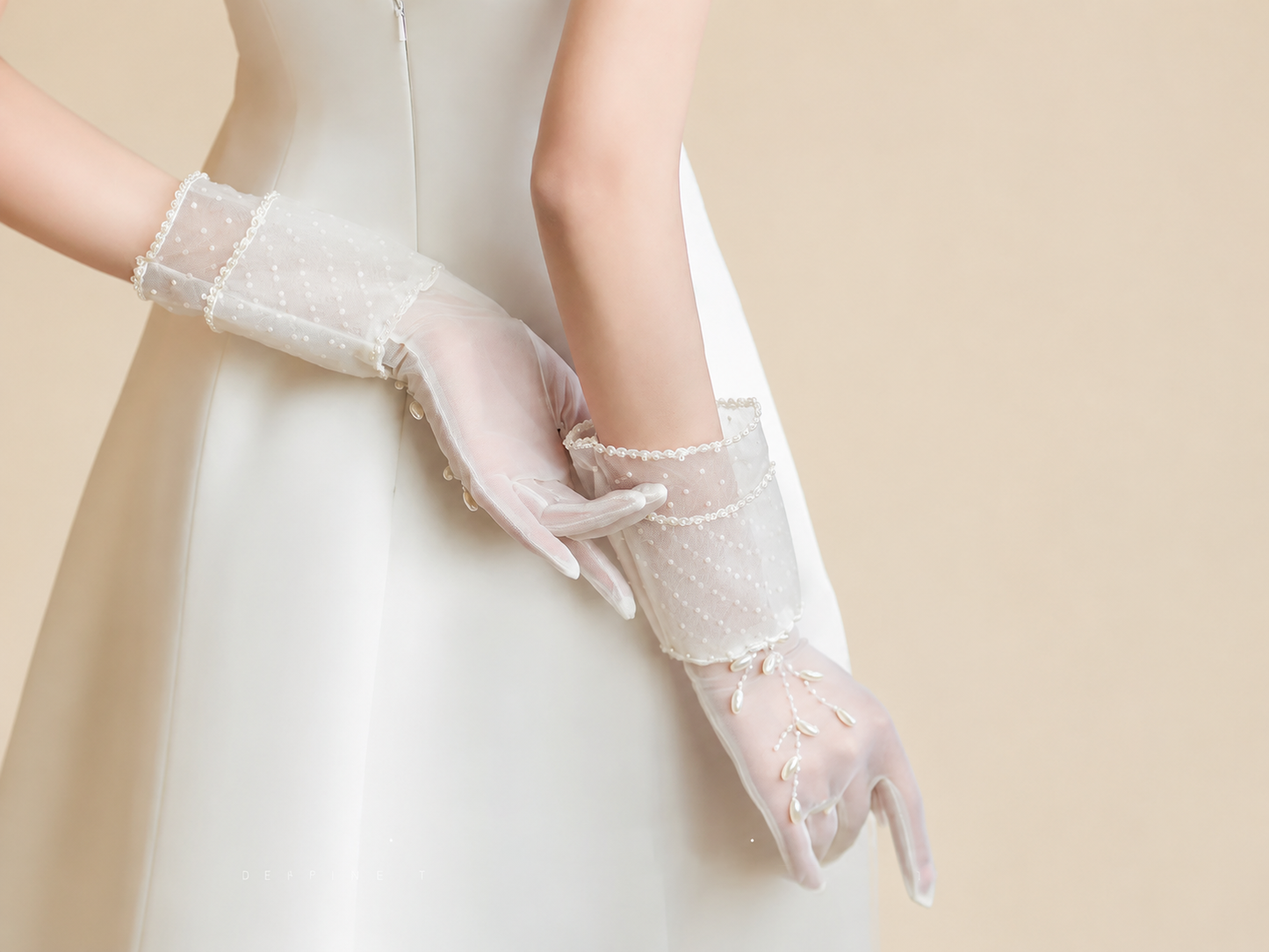 Vintage French Polka Dot Mesh Bridal Gloves, Short Tulle Wedding Gloves with Pearl Vine Embroidery and Double Ruffle Cuffs (35cm) LUNA-X182