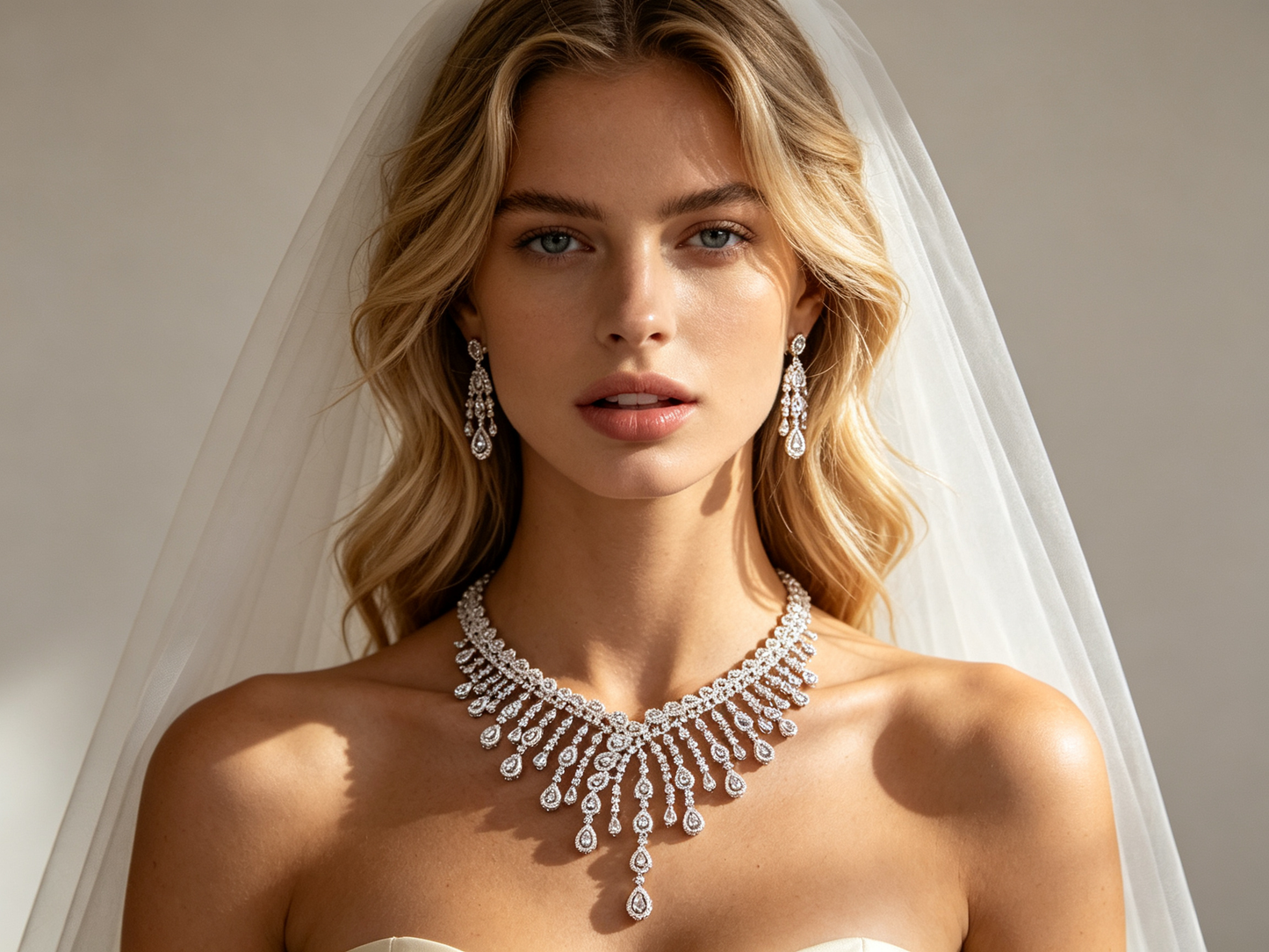 Luxury Full Zircon Fringe Necklace & Earring Set - Handmade Precision Prong Setting AAA Zircon Bridal Jewelry (46cm)LUNA-X150