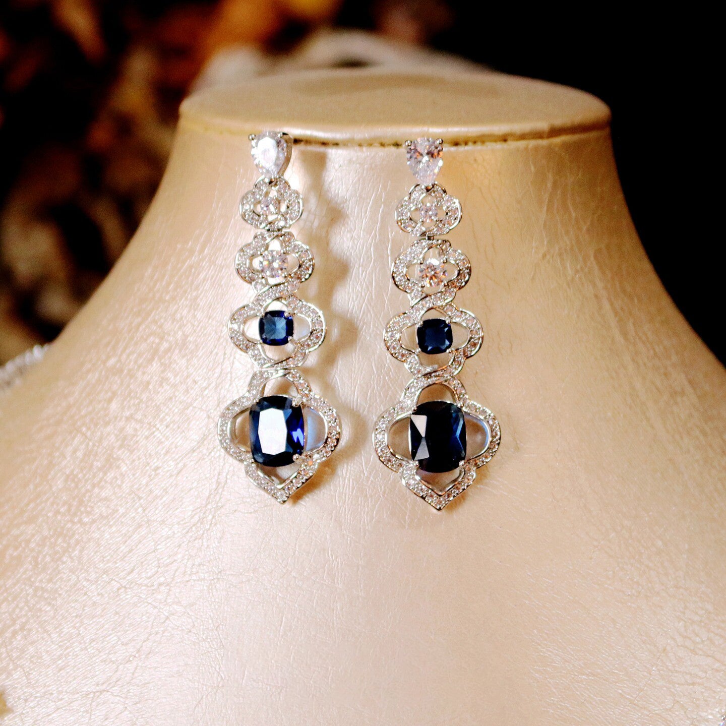 Vintage Baroque Sapphire Blue Wedding Jewelry Set, Radiant CZ Cluster Necklace & Dangle Stud Earrings Gift Set for Bride & Gala  LUNA-X174