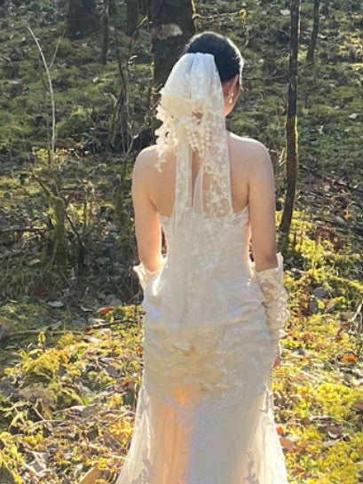 Vintage Rococo Shoulder Veil with 3D Lace Appliqués - Cloud Puff Stiff Mesh Bridal Headpiece, Shimmering Pearl Blossom Streamers LUNA-X107