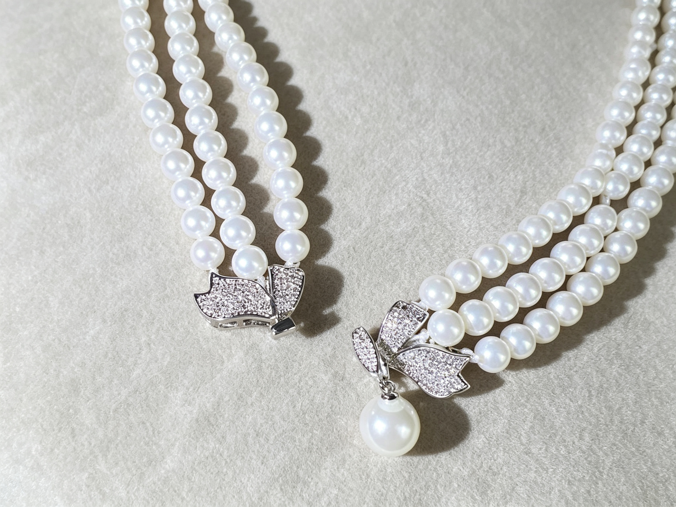 Triple-Strand Luminous Bow Necklace Vintage Elegance for Bridal & Evening Wear | LUNA-X136