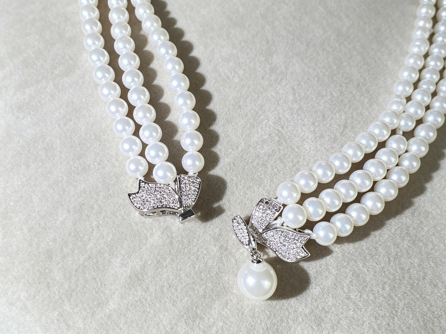 Triple-Strand Pearl & Zircon Bow Necklace – Vintage Elegance for Bridal & Evening Wear  LUNA-X136