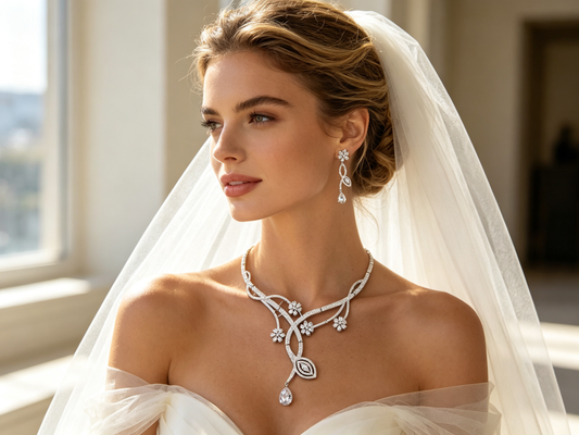 Luxury Marquise Zircon Ice Cascade Bridal Jewelry Set, Platinum Plated Radiant Leaf Tennis Necklace & 5.2cm Dramatic Dangle Earrings Set for Wedding, Prom & Gala LUNA-X156