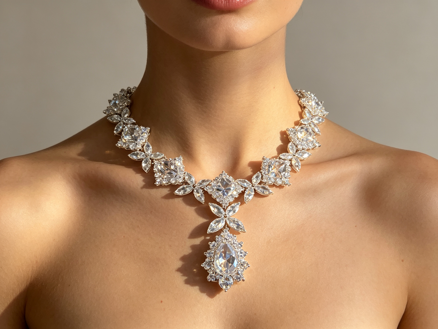 "Hollywood Heritage" Vintage Pear-Cut Crystal Wedding Jewelry Set, Radiant Cluster Leaf Choker & Luxury Tear-Drop Evening Earrings Duo LUNA-X161