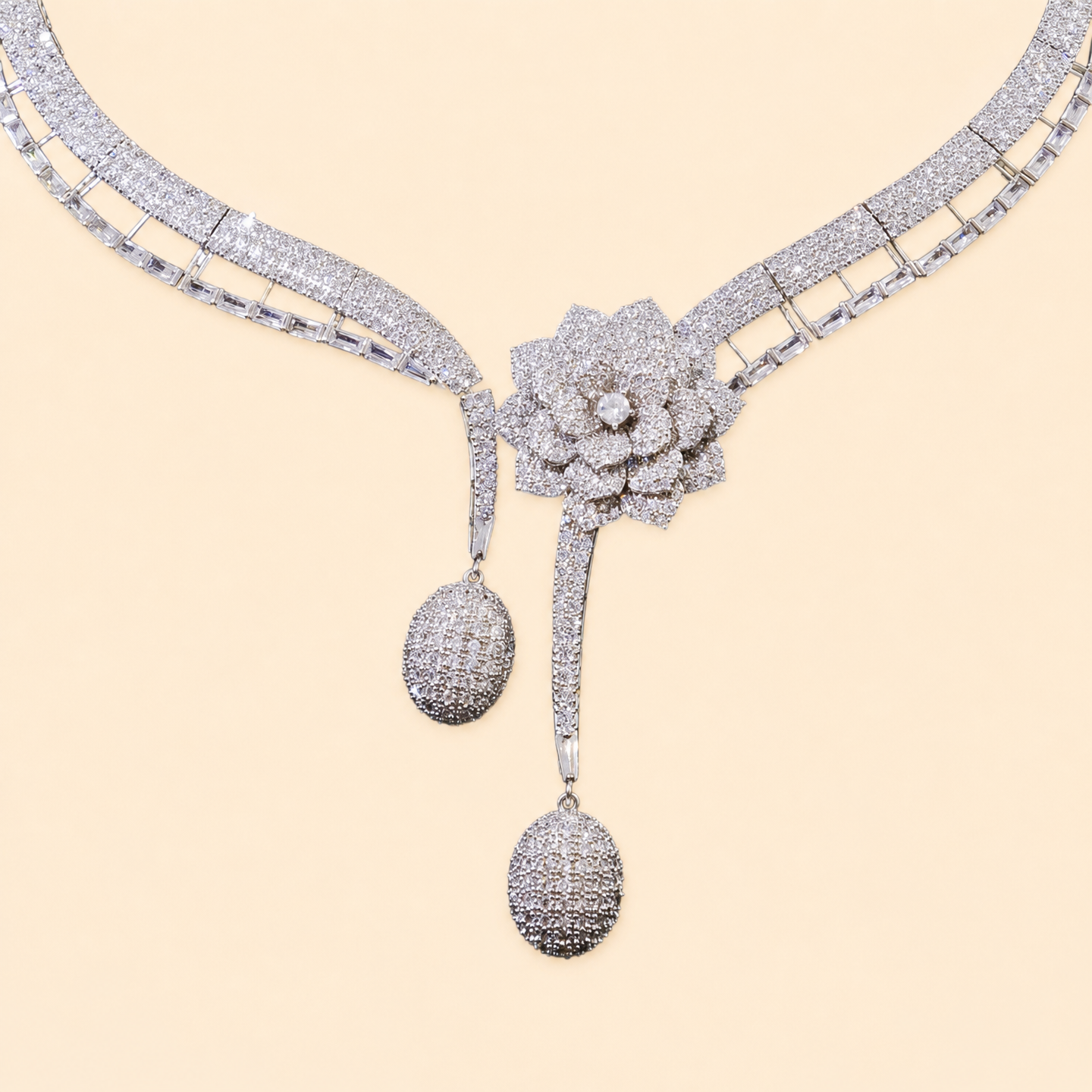 Luxury Micro-Pave CZ Camellia Bridal Jewelry Set, 18K White Gold Plated Geometric Flower Necklace & 6.5cm Dangle Earrings with Silver Posts  LUNA-X170