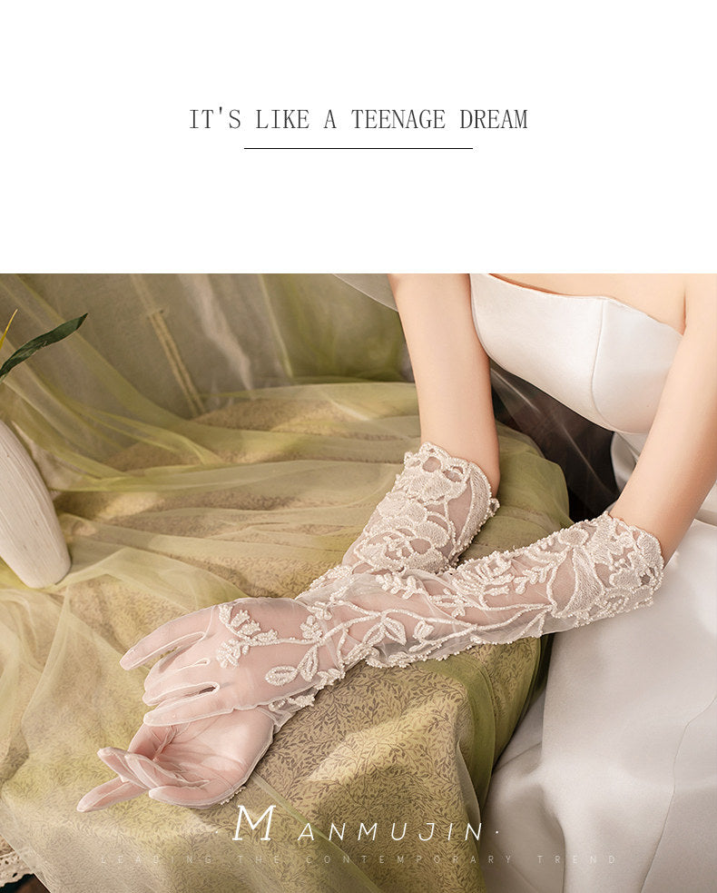 50cm Long Mesh Lace Bridal Gloves with French Embroidery for Wedding LUNA-X184