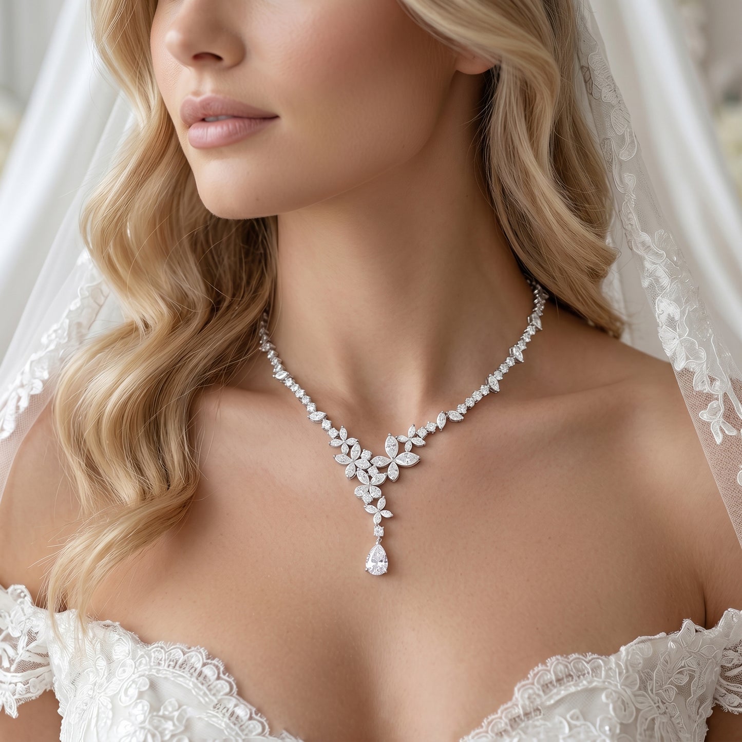 "Morning Dew" Delicate V Gold Floral Choker, Sparkling Marquise Crystal Vine Necklace with Teardrop Pendant for Bride & Gala LUNA-X172