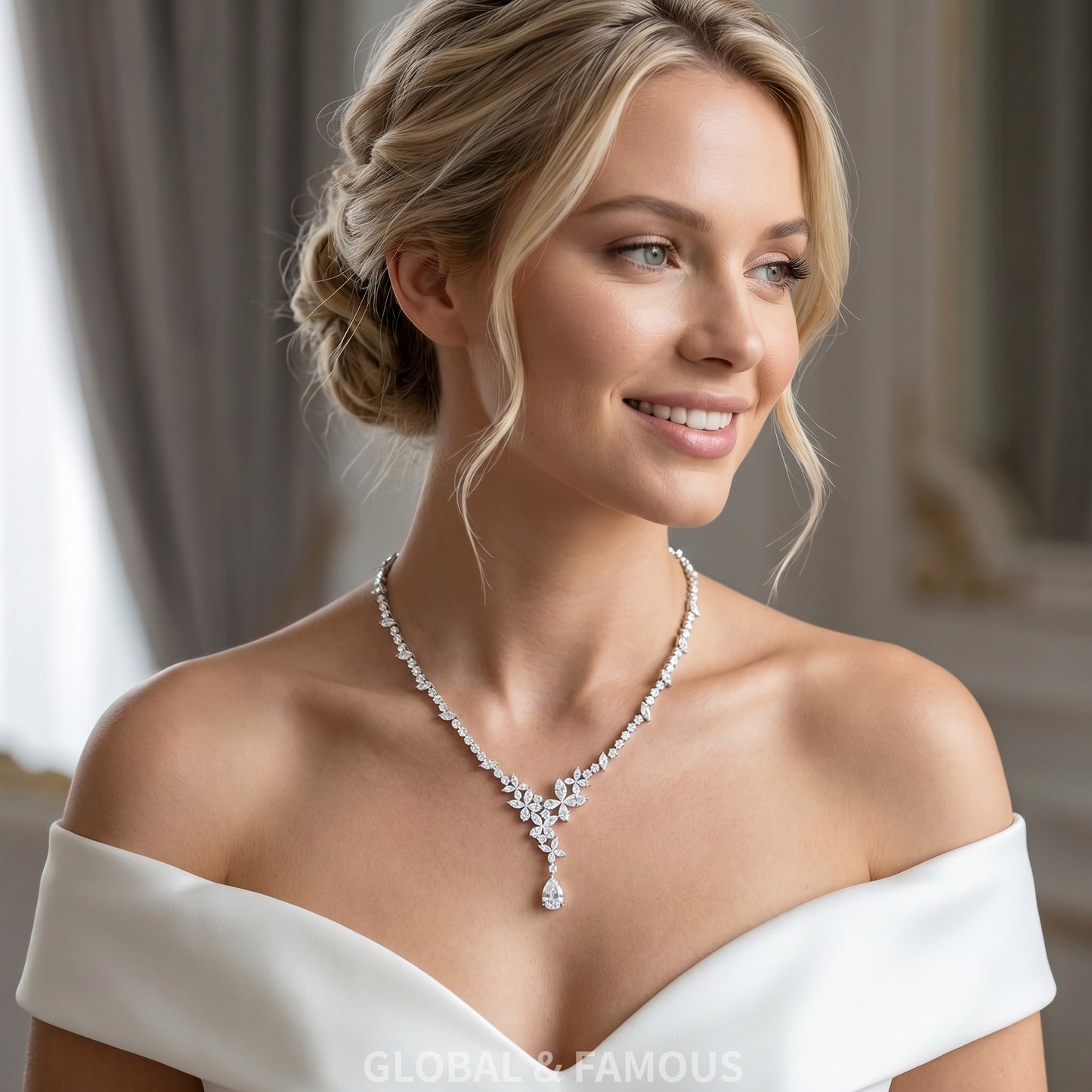 "Morning Dew" Delicate V Gold Floral Choker, Sparkling Marquise Crystal Vine Necklace with Teardrop Pendant for Bride & Gala LUNA-X172