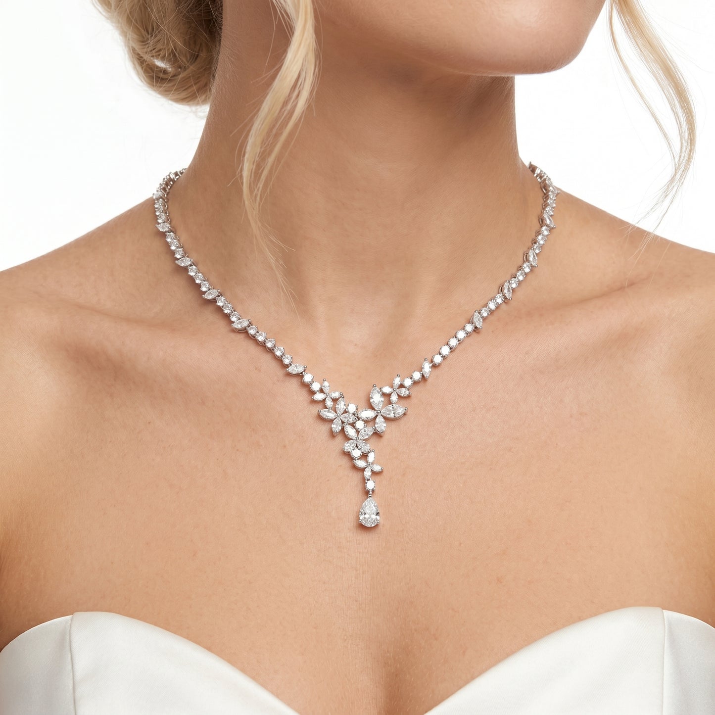 "Morning Dew" Delicate V-Tone Floral Choker Sparkling Marquise Vine Necklace with Teardrop Pendant for Bride & Gala LUNA-X172