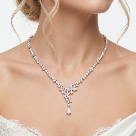 "Morning Dew" Delicate V Gold Floral Choker, Sparkling Marquise Crystal Vine Necklace with Teardrop Pendant for Bride & Gala LUNA-X172