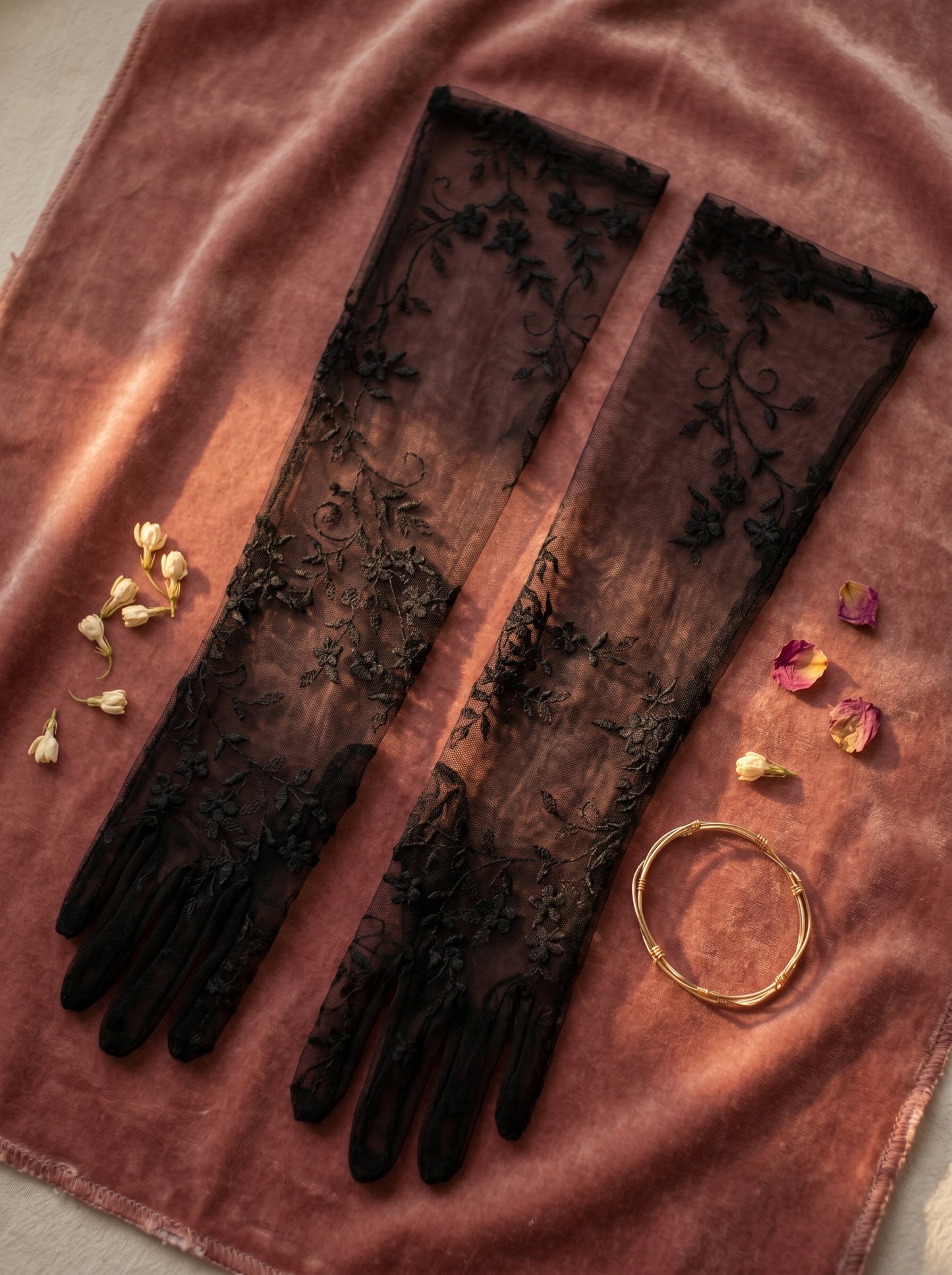 Gothic Black Lace Bridal Gloves - 50cm Long Embroidered Tattoo-Effect Sheer Wedding Gloves - Vintage Noir Floral Opera Mittens for Photo Shoot & Elopement LUNA-X312