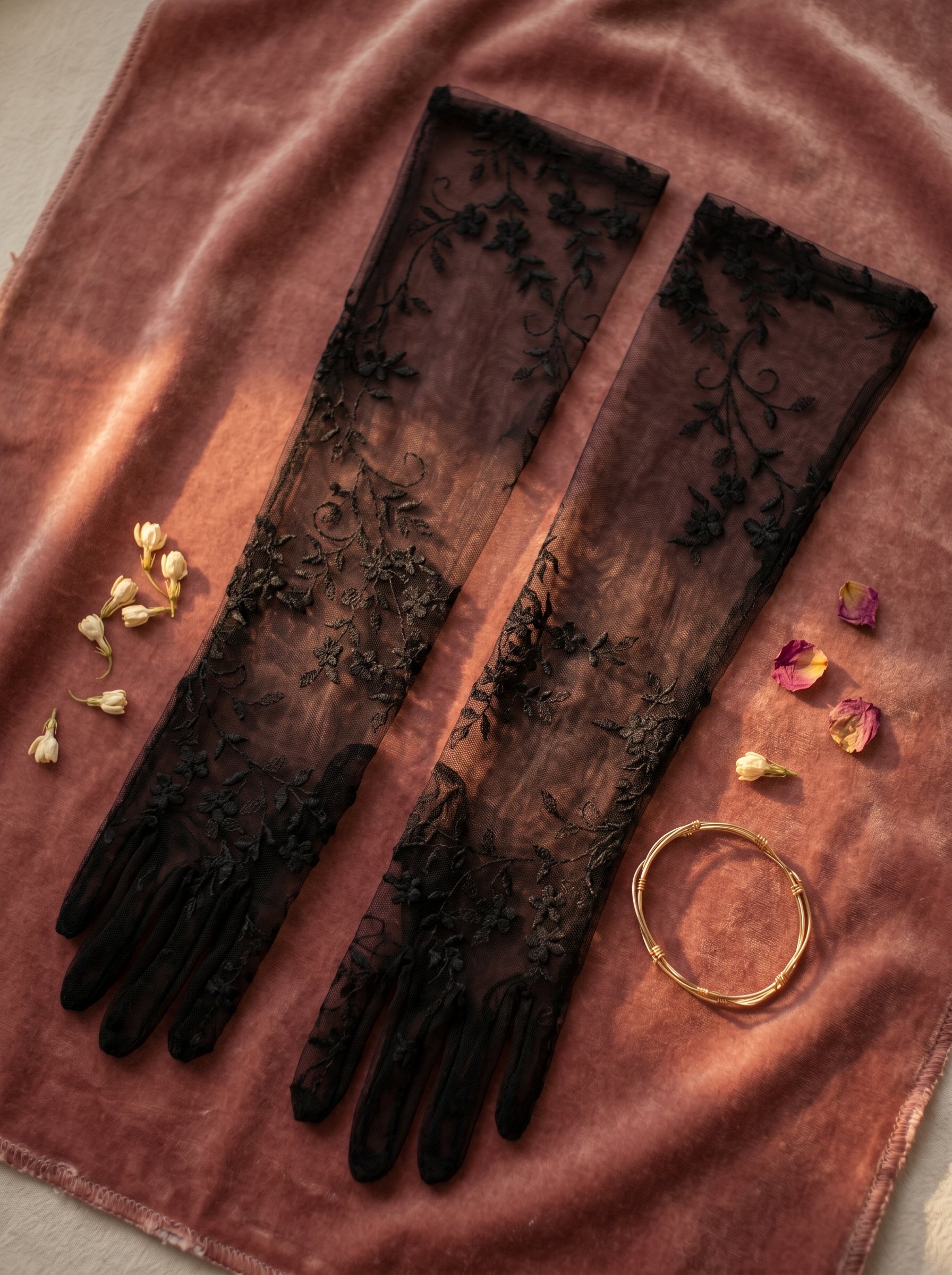 Gothic Black Lace Bridal Gloves - 50cm Long Embroidered Tattoo-Effect Sheer Wedding Gloves - Vintage Noir Floral Opera Mittens for Photo Shoot & Elopement LUNA-X312