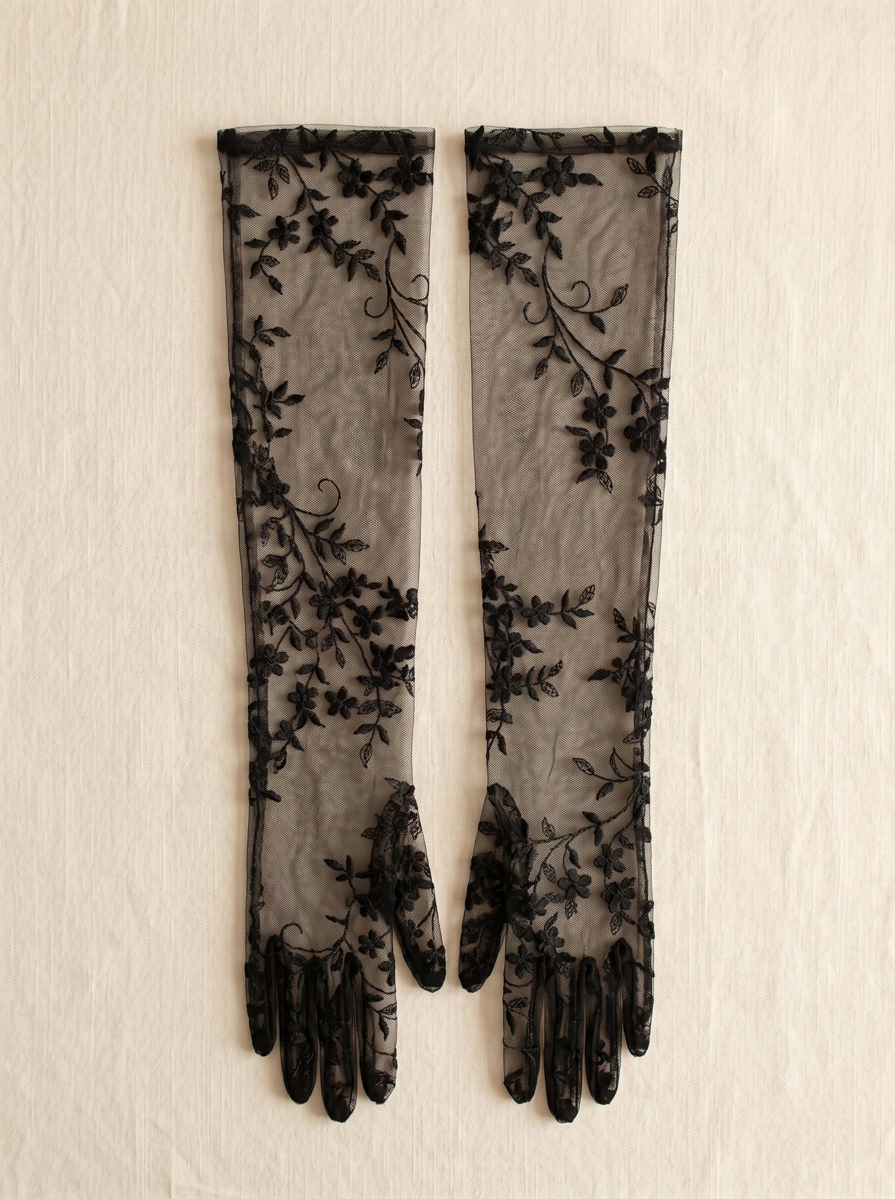 Gothic Black Lace Bridal Gloves - 50cm Long Embroidered Tattoo-Effect Sheer Wedding Gloves - Vintage Noir Floral Opera Mittens for Photo Shoot & Elopement LUNA-X312