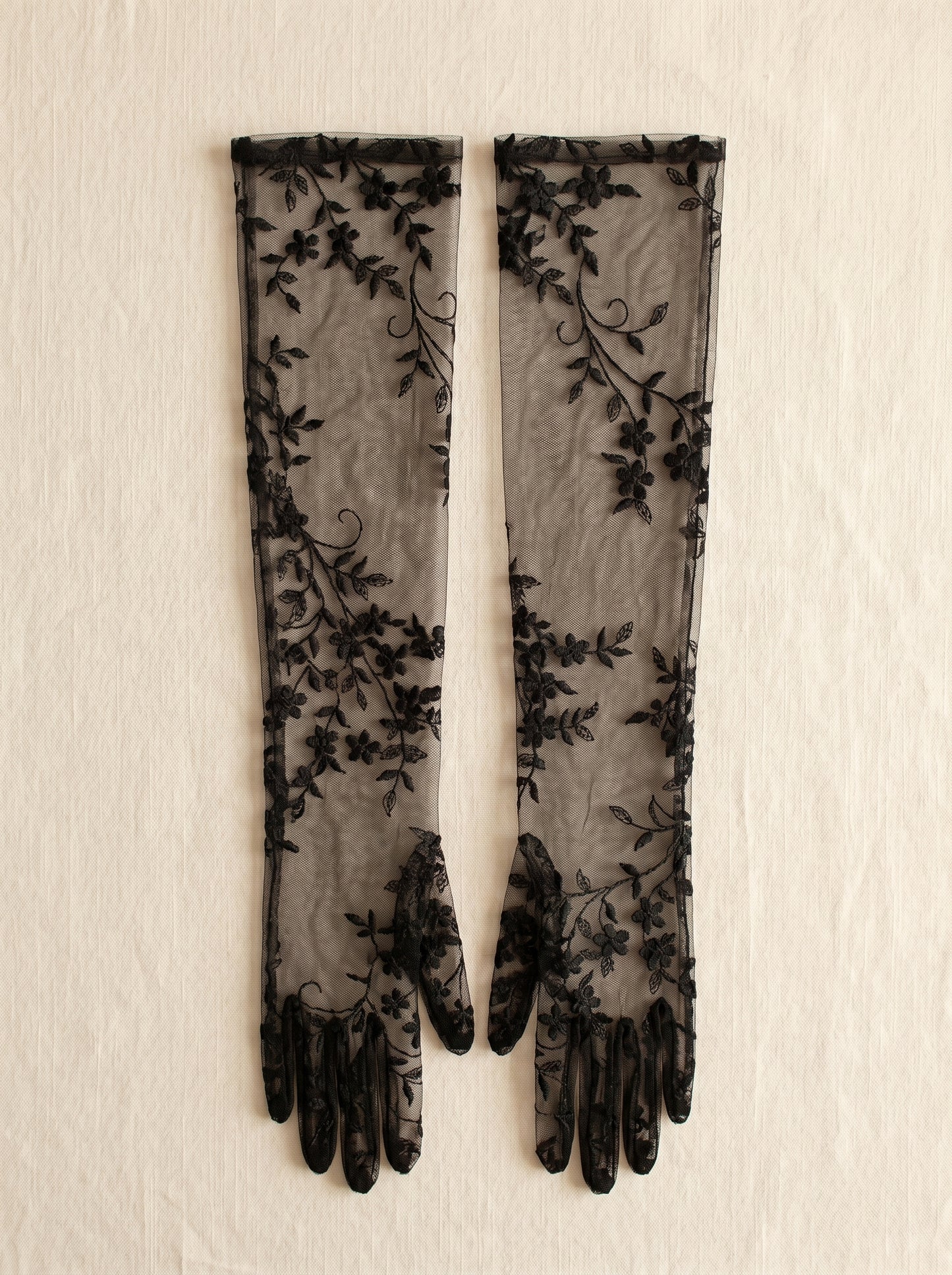 Gothic Black Lace Bridal Gloves - 50cm Long Embroidered Tattoo-Effect Sheer Wedding Gloves - Vintage Noir Floral Opera Mittens for Photo Shoot & Elopement LUNA-X312