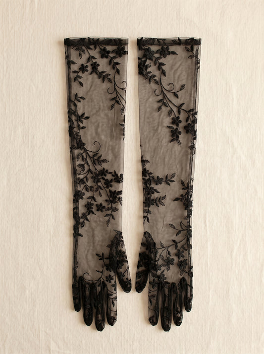 Gothic Black Lace Bridal Gloves - 50cm Long Embroidered Tattoo-Effect Sheer Wedding Gloves - Vintage Noir Floral Opera Mittens for Photo Shoot & Elopement LUNA-X312