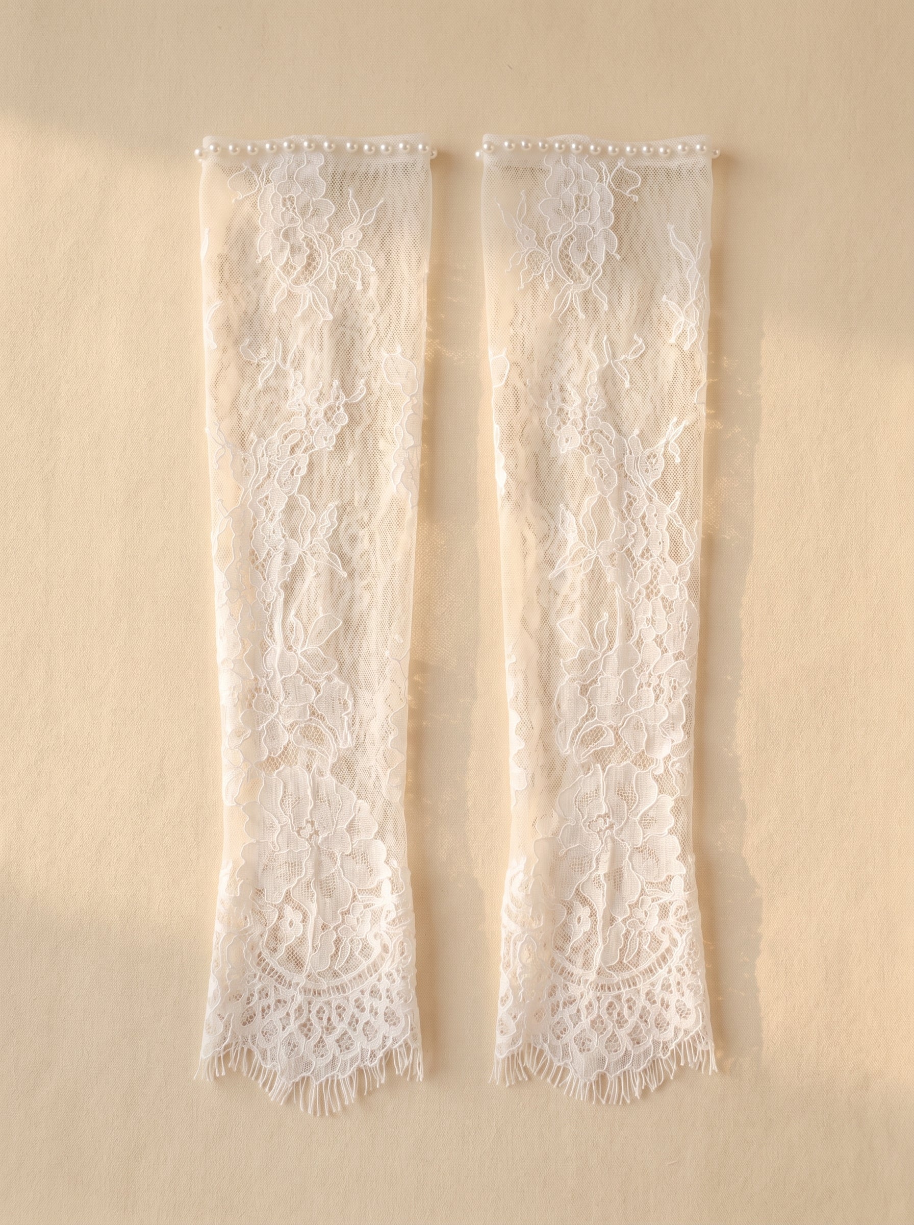 French Eyelash Lace Bridal Gloves - 55cm Opera Length Fingerless Wedding Gloves with Hand-Beaded imitation pearls - Vintage Regencycore White Elopement Mittens LUNA-X314