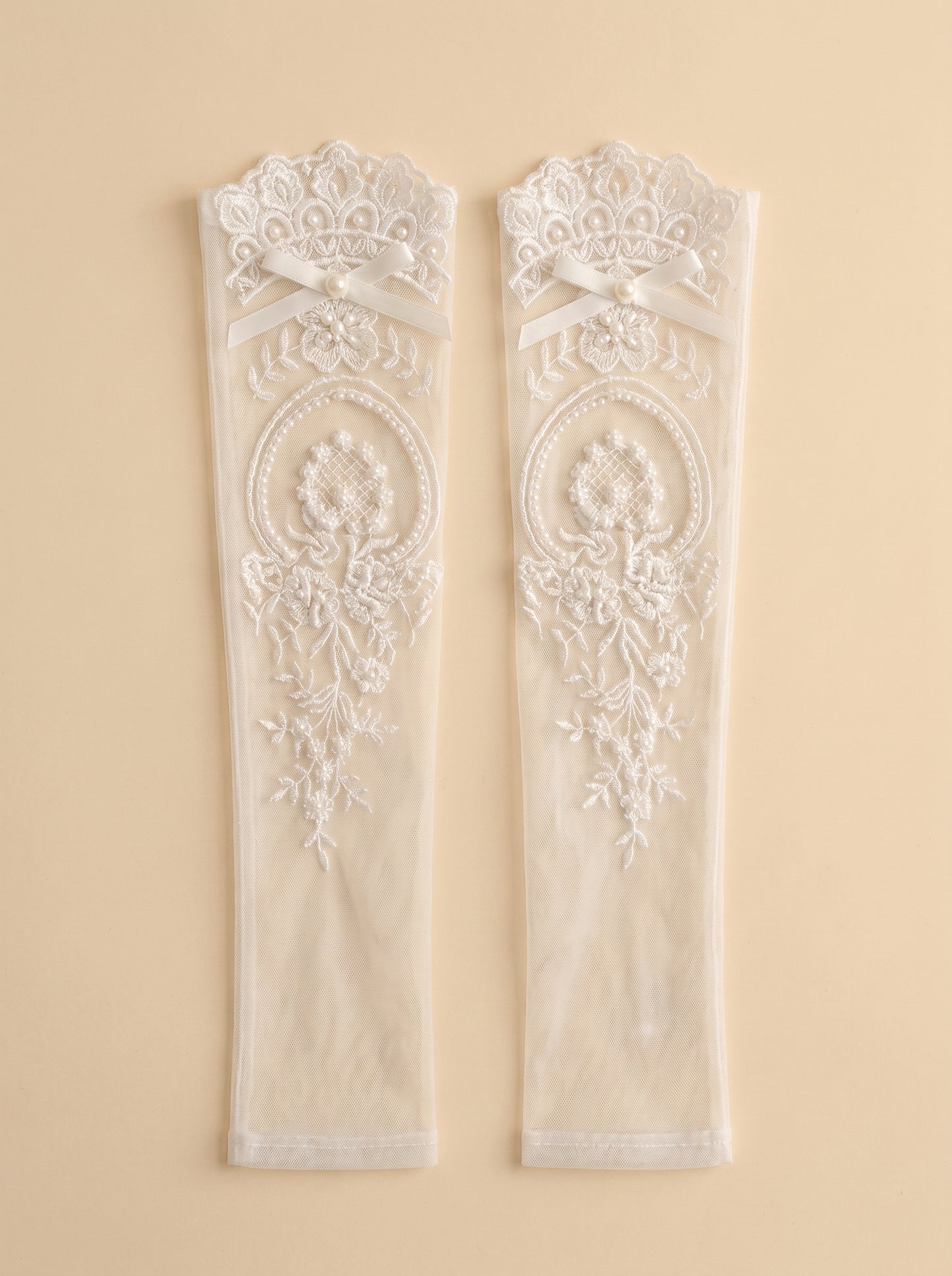 Edwardian Heavy Beaded Bridal Sleeves - 55cm Off-White Illusion Mesh Wedding Gloves - French Couture Embroidery Fingerless Arm Cuffs with Ribbon Tie  LUNA-X317