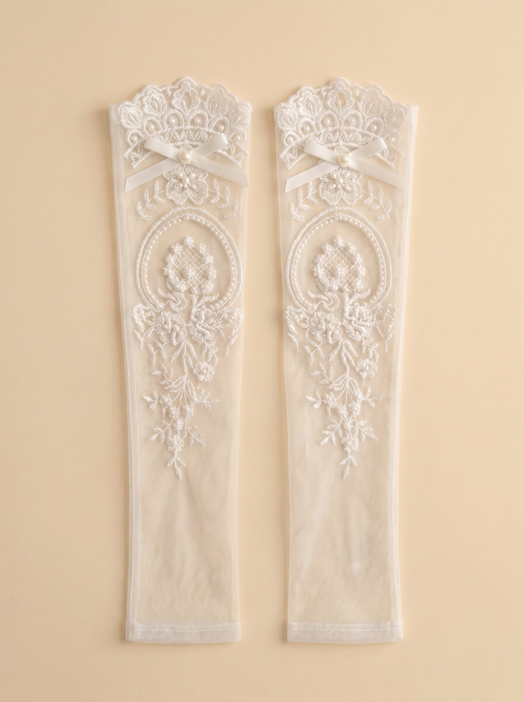 Edwardian Heavy Beaded Bridal Sleeves - 55cm Off-White Illusion Mesh Wedding Gloves - French Couture Embroidery Fingerless Arm Cuffs with Ribbon Tie  LUNA-X317