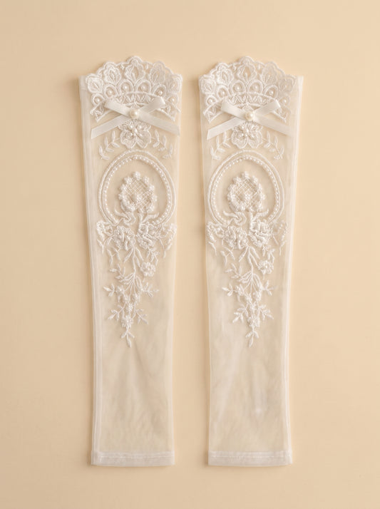 Edwardian Heavy Beaded Bridal Sleeves - 55cm Off-White Illusion Mesh Wedding Gloves - French Couture Embroidery Fingerless Arm Cuffs with Ribbon Tie  LUNA-X317