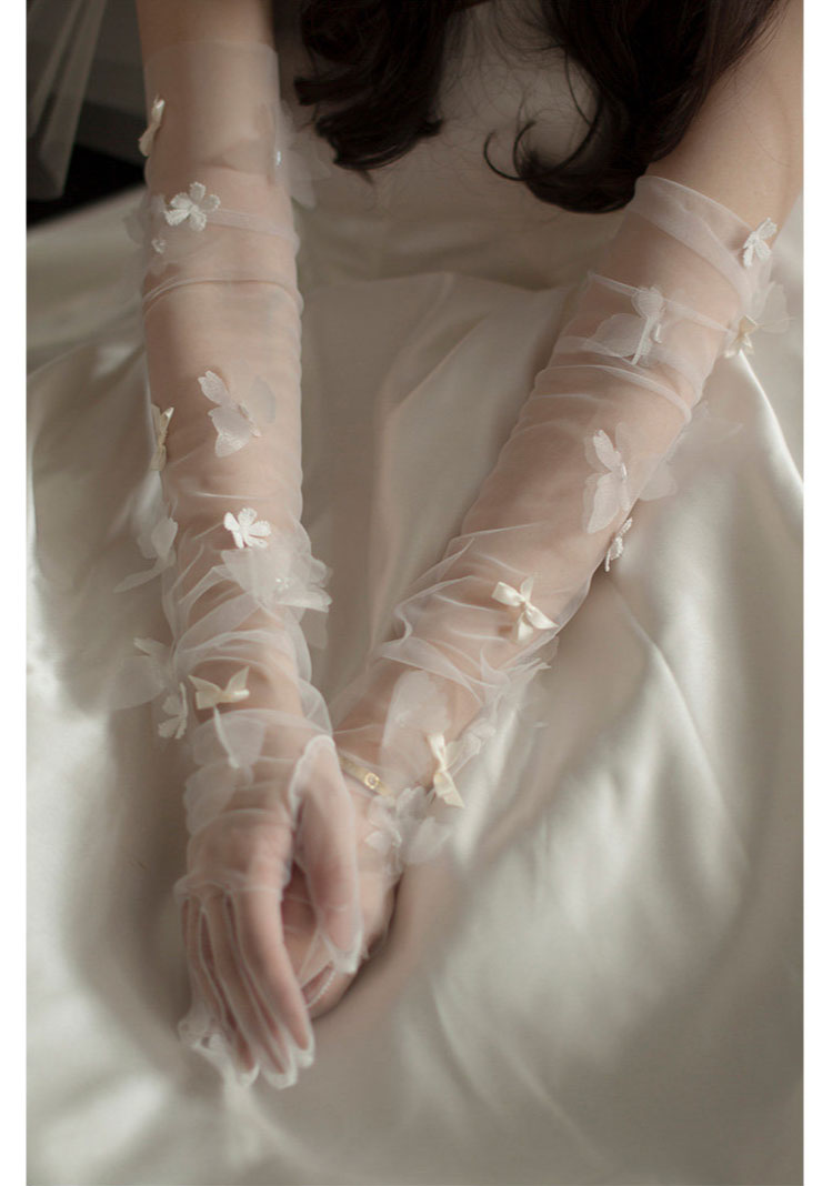 Ethereal Butterfly Tulle Bridal Gloves - 70cm Ultra Long Off-White Wedding Gloves with 3D Flutter Bows - Dramatic Fairycore Opera Runway Mittens LUNA-X315
