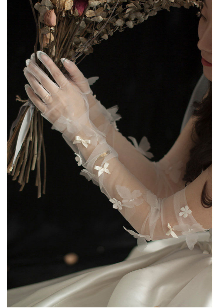 Ethereal Butterfly Tulle Bridal Gloves - 70cm Ultra Long Off-White Wedding Gloves with 3D Flutter Bows - Dramatic Fairycore Opera Runway Mittens LUNA-X315