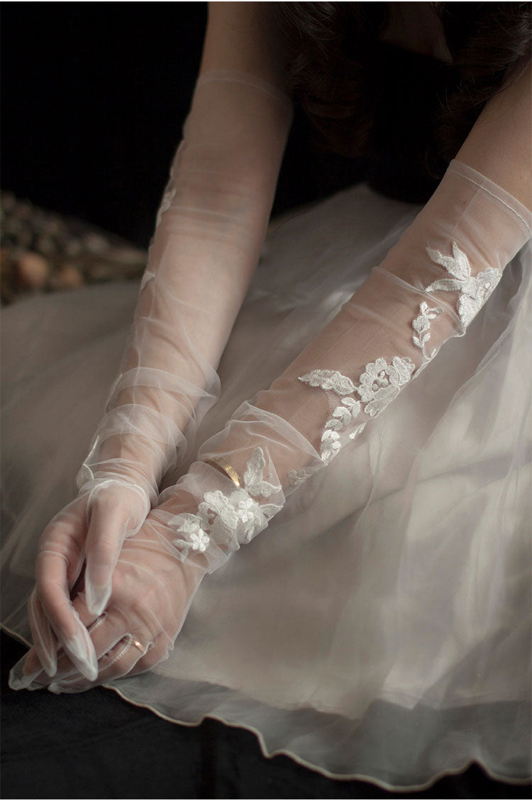 Off-White Embroidered Lace Bridal Gloves - 70cm Extra Long Shoulder Length High-Density Mesh Wedding Gloves - Anti-Wrinkle Slouchy Ruched Opera Mittens LUNA-X310