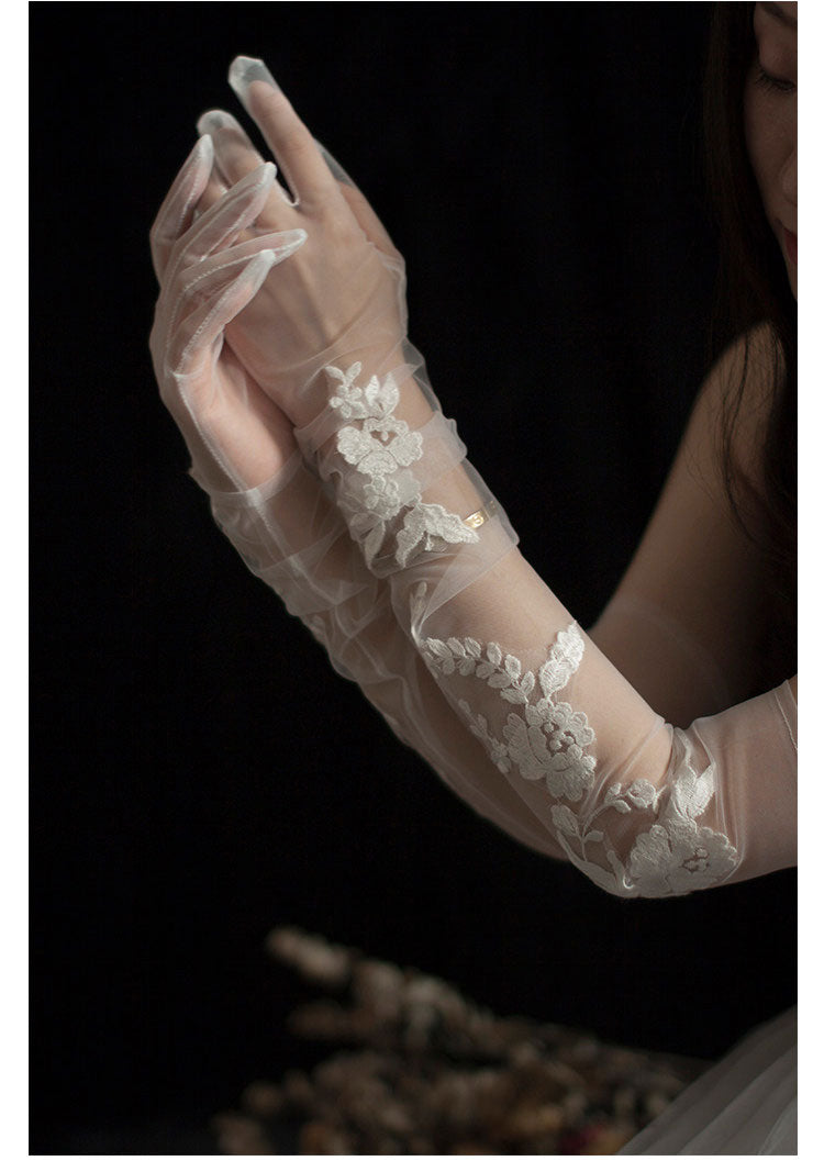 Off-White Embroidered Lace Bridal Gloves - 70cm Extra Long Shoulder Length High-Density Mesh Wedding Gloves - Anti-Wrinkle Slouchy Ruched Opera Mittens LUNA-X310