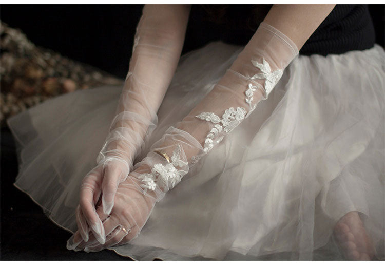 Off-White Embroidered Lace Bridal Gloves - 70cm Extra Long Shoulder Length High-Density Mesh Wedding Gloves - Anti-Wrinkle Slouchy Ruched Opera Mittens LUNA-X310