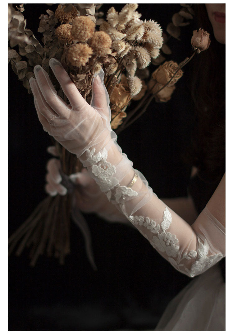Off-White Embroidered Lace Bridal Gloves - 70cm Extra Long Shoulder Length High-Density Mesh Wedding Gloves - Anti-Wrinkle Slouchy Ruched Opera Mittens LUNA-X310