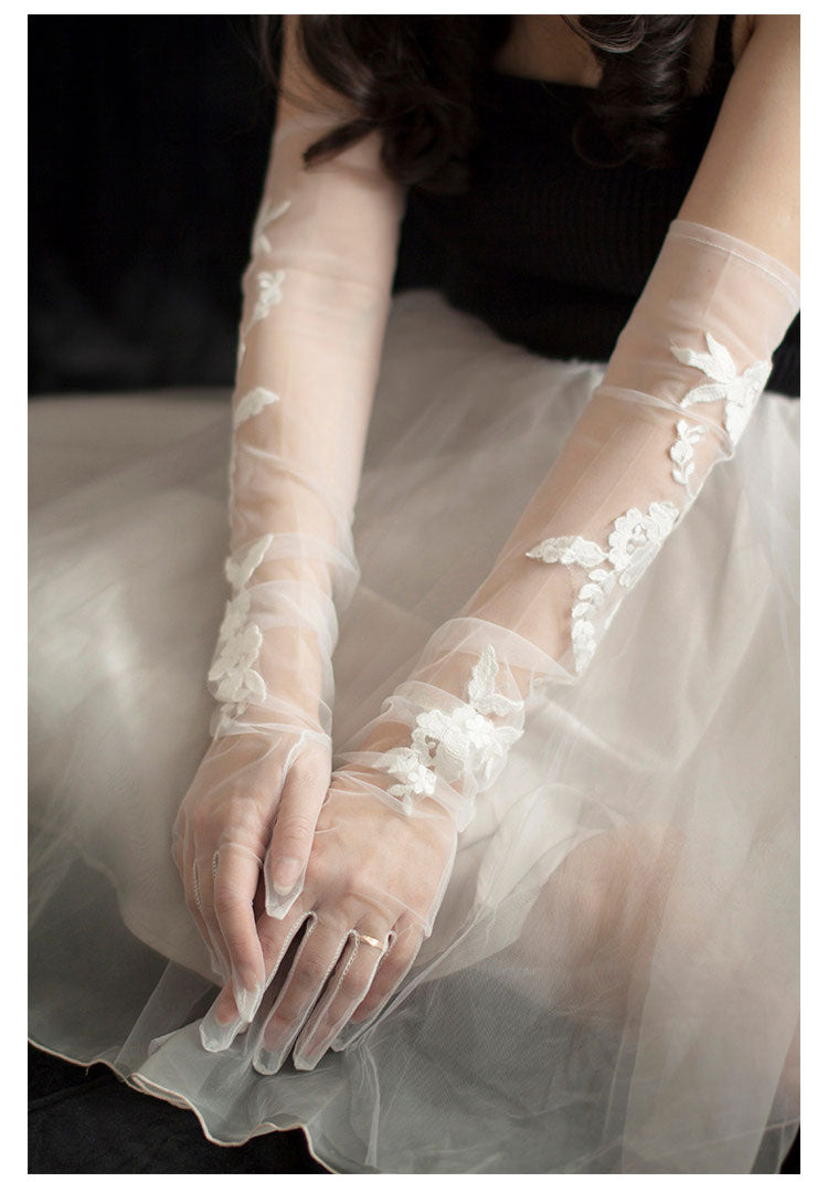 Off-White Embroidered Lace Bridal Gloves - 70cm Extra Long Shoulder Length High-Density Mesh Wedding Gloves - Anti-Wrinkle Slouchy Ruched Opera Mittens LUNA-X310