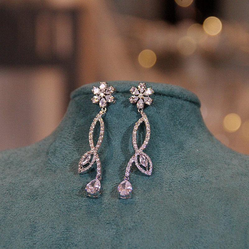 Luxury Marquise Zircon Ice Cascade Bridal Jewelry Set, Platinum Plated Radiant Leaf Tennis Necklace & 5.2cm Dramatic Dangle Earrings Set for Wedding, Prom & Gala LUNA-X156