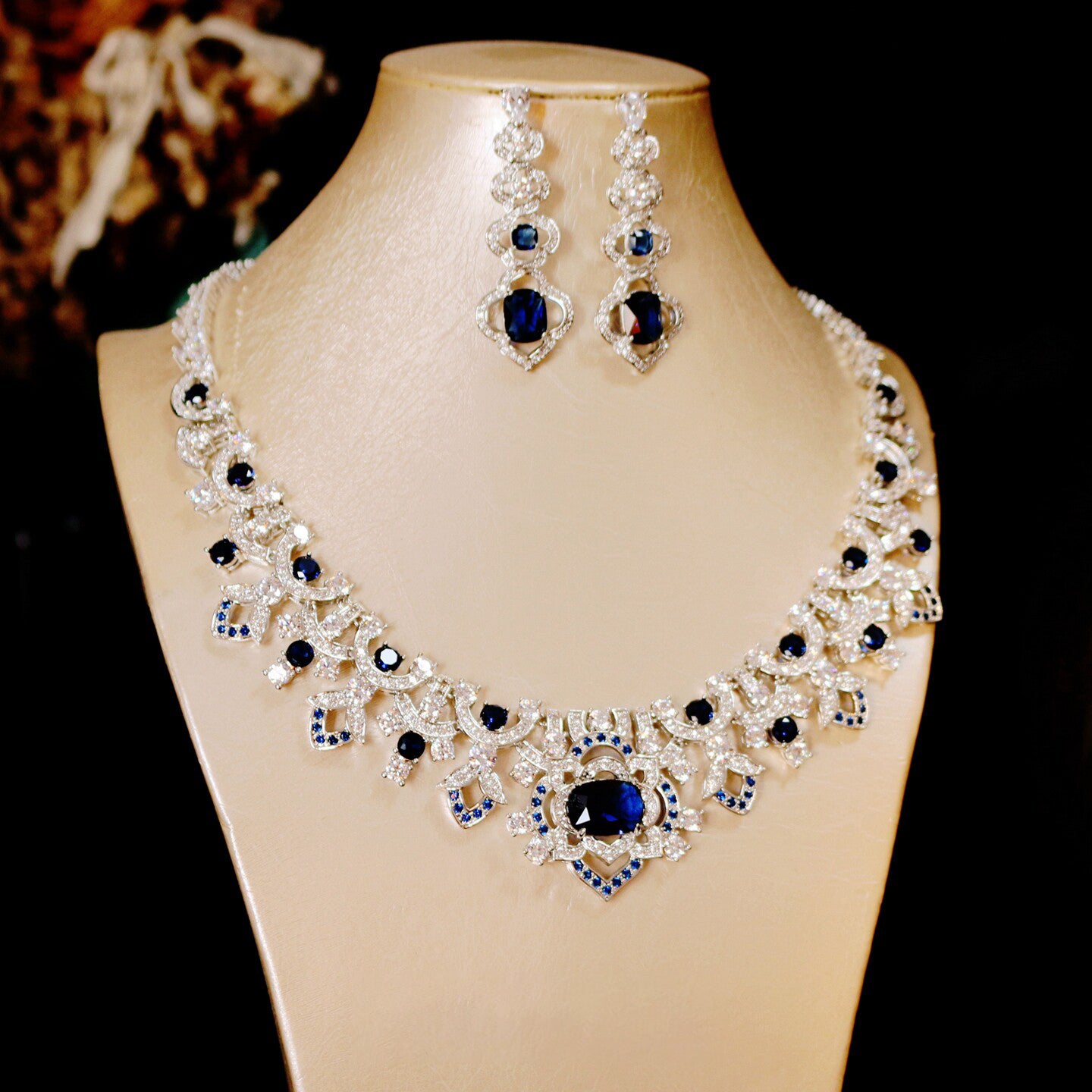 Vintage Baroque Sapphire Blue Wedding Jewelry Set, Radiant CZ Cluster Necklace & Dangle Stud Earrings Gift Set for Bride & Gala  LUNA-X174