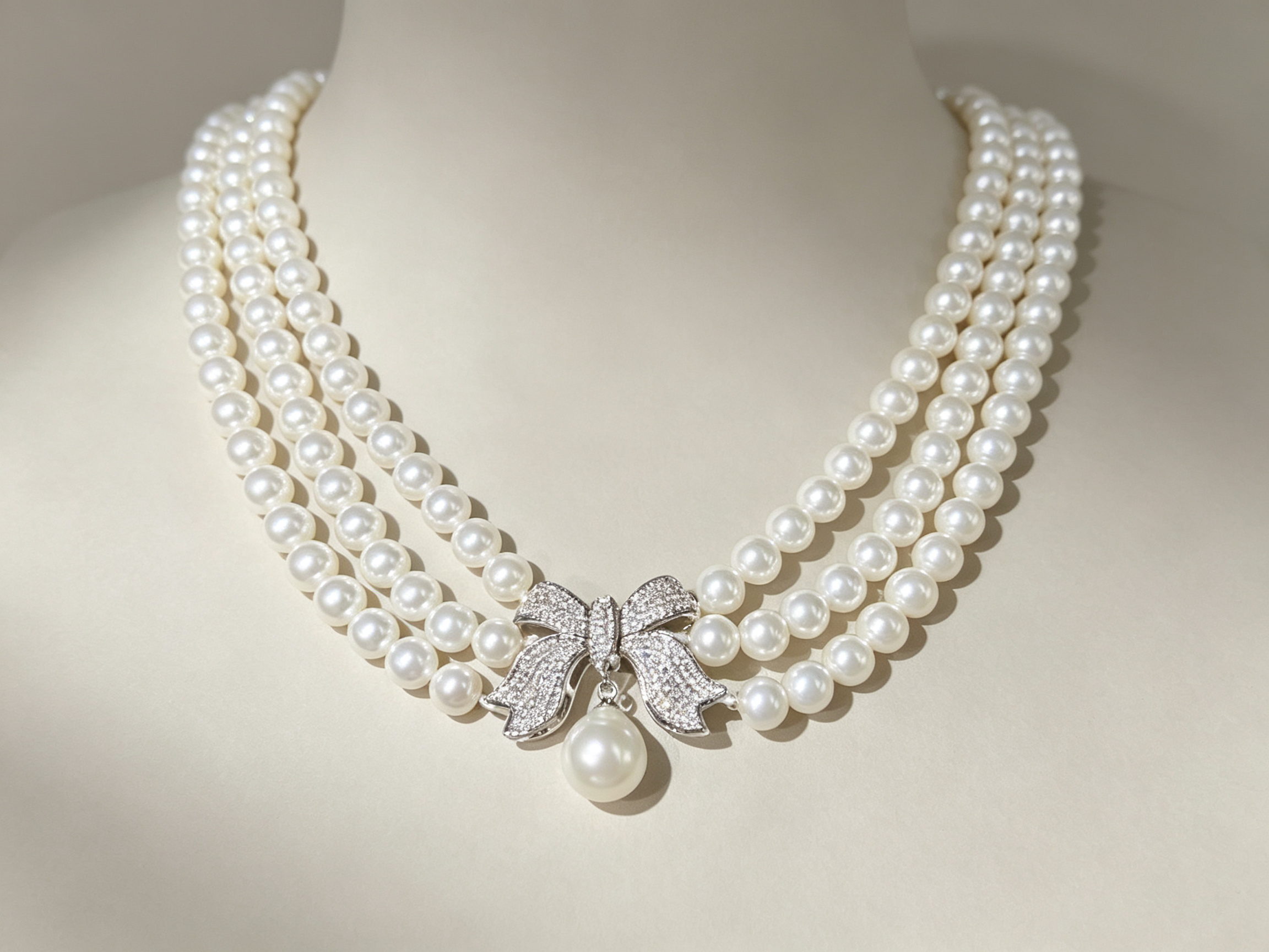Triple-Strand Luminous Bow Necklace Vintage Elegance for Bridal & Evening Wear | LUNA-X136