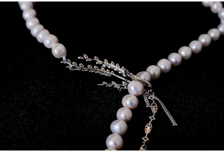 "Audrey's Garden" Freshwater Pearl & Marquise Zircon Leaf Drop Necklace, Platinum Plated Bridal & Timeless Cocktail Statement Jewelry LUNA-X167